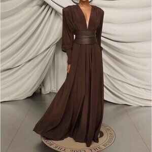 Luxury Elegant Long Dress Brown Size S M Deep Neckline Wrap-Around Belt Balloons